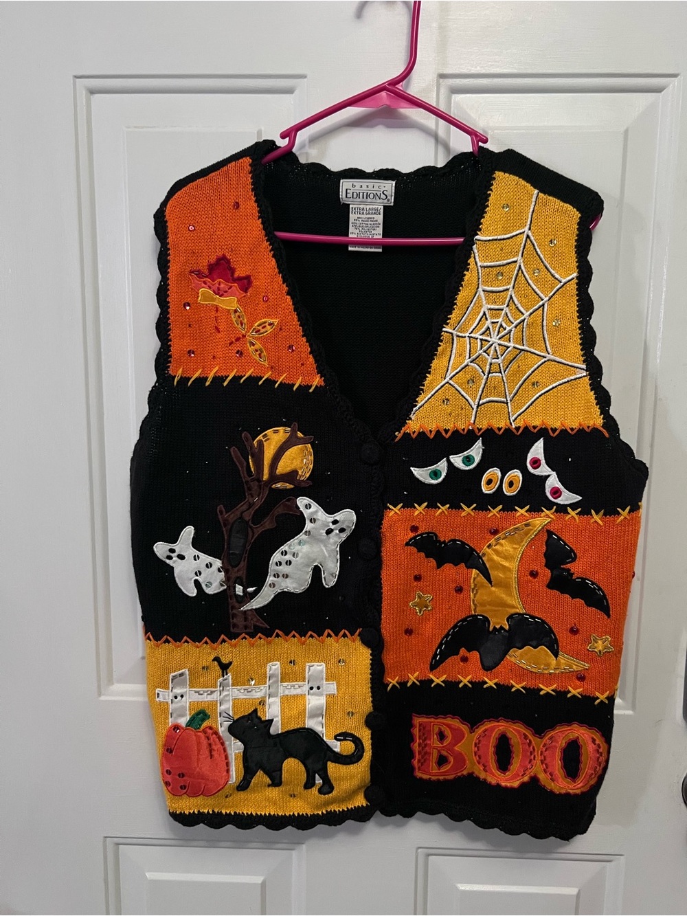 Vintage 90s Basic Editions Halloween Sweater Vest XL Black Pumpkin Ghost BOO